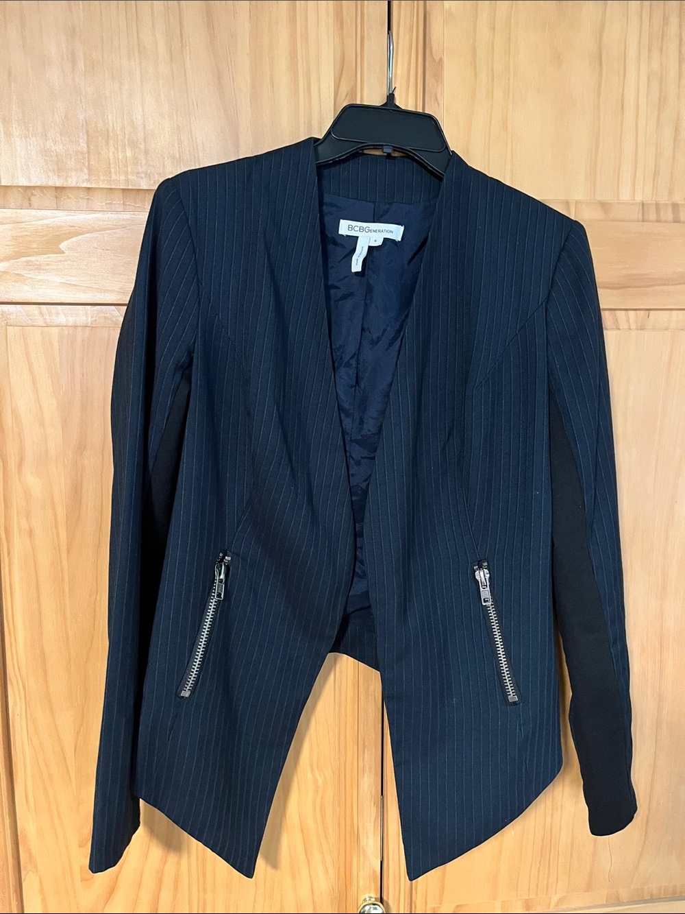 BCBGMaxAzria Navy Pinstripe Open-Front Blazer with Silver Zippers